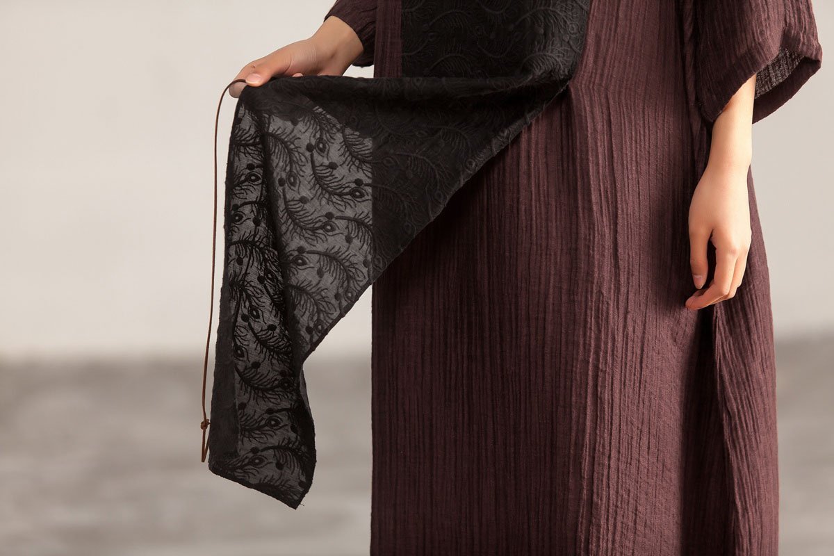 Splicing Loose Three Quarter Sleeve Wine Red Linen Dress