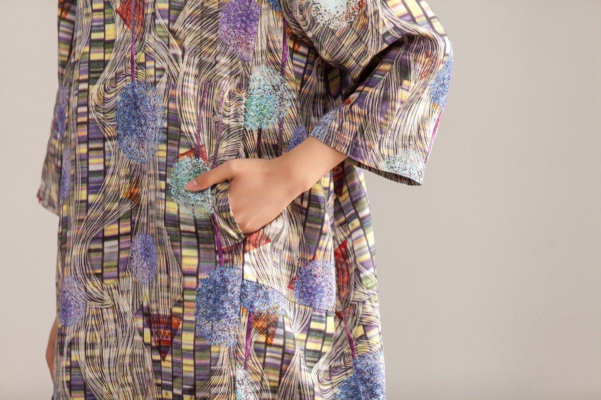 Retro Stand Collar Three Quarter Sleeve Printed Dress