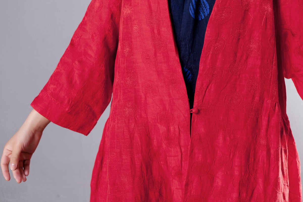 Three Quarter Sleeve Loose V Neck Red Coat