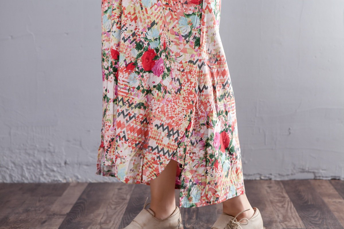 Stand Collar Three Quarter Sleeve Printed Loose Dress