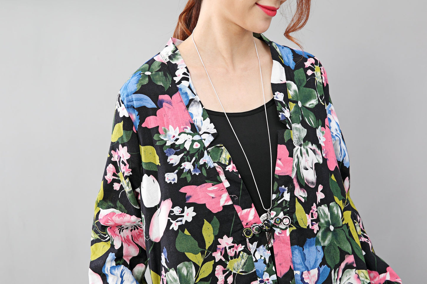 Vintage Floral Printed Ethnic Women Cotton Linen Side Slit Dress