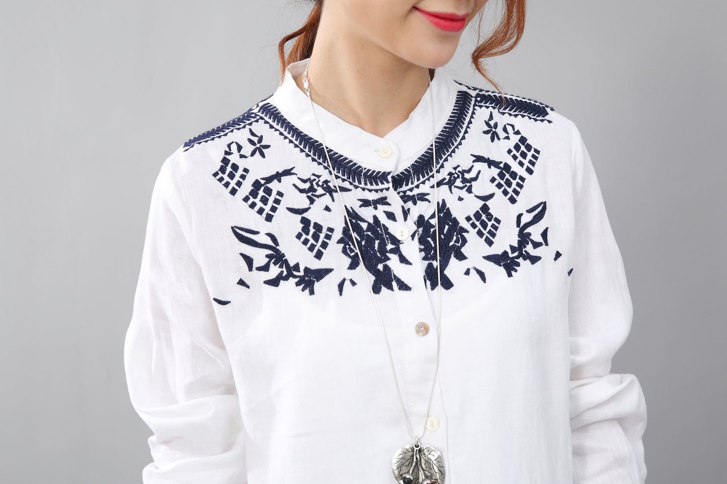 Graceful Women Linen Pleated Embroidered Long Sleeves White Dress