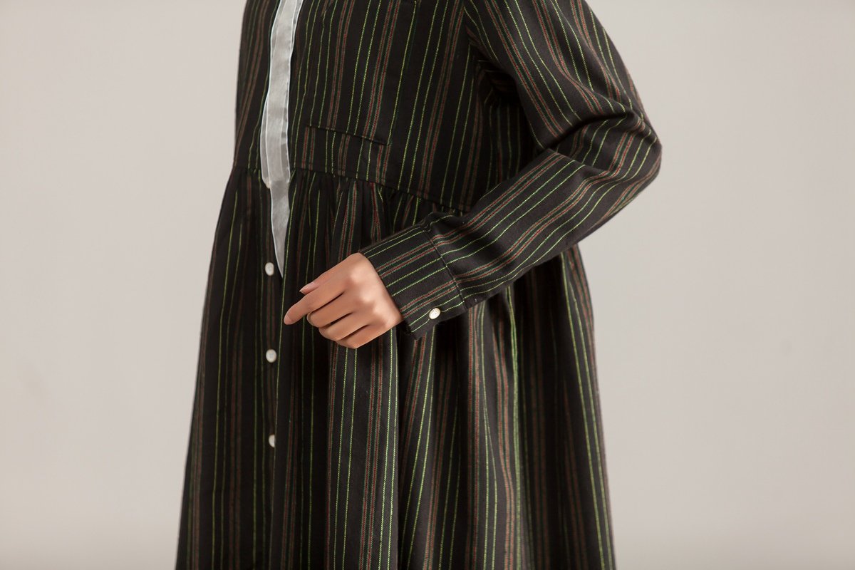 Long Sleeve Stripe Polo Collar Single Breasted Dress