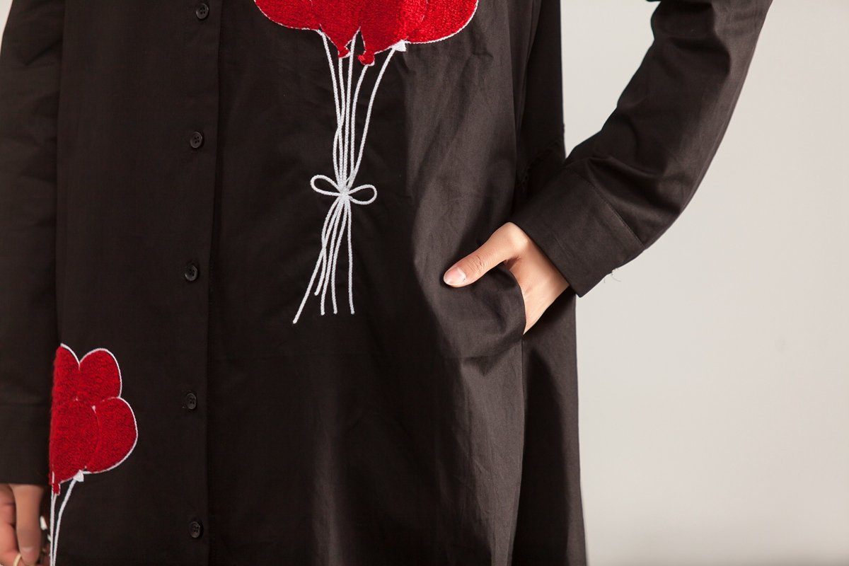 Long Sleeve Polo Collar Single Breasted Black Irregular Shirt