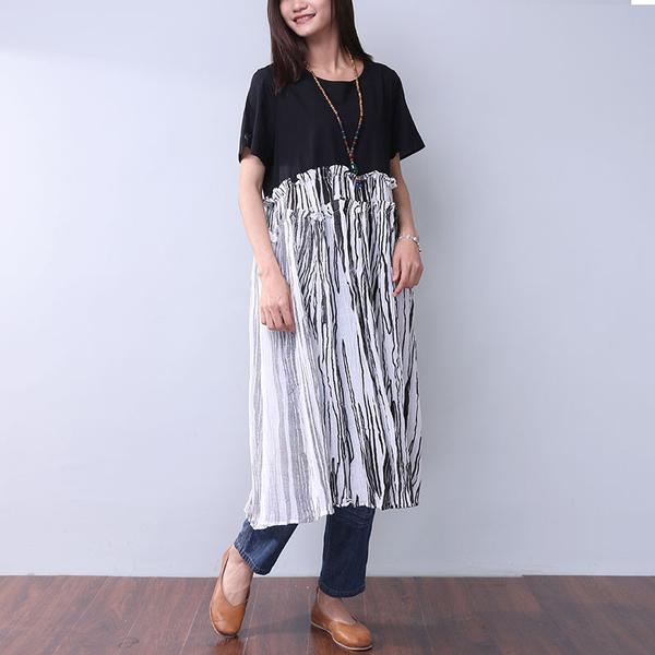 Summer Printing Women Folded Splicing White Dress