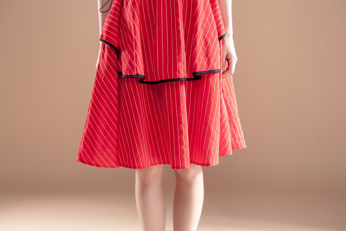 Stripe Short Sleeve Round Neck Drawstring Red Dress