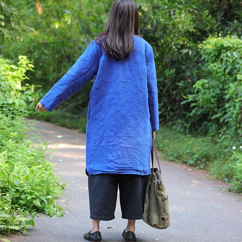 Keep Warm Round Neck Chic Buckle Design Long Sleeves Blue Coat For Women