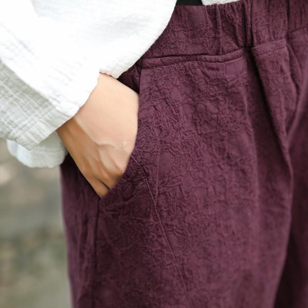 Vintage Fashion Women Chic Jacquard Linen Ankle Length Black Pants