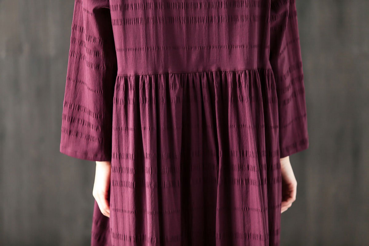 Loose Casual V Neck Long Sleeve Pleated Dress