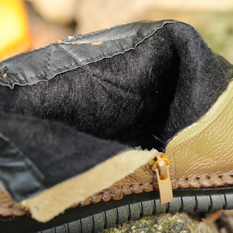 Winter Side Zip Casual Cowhide Leaf Splicing Women Short Boots