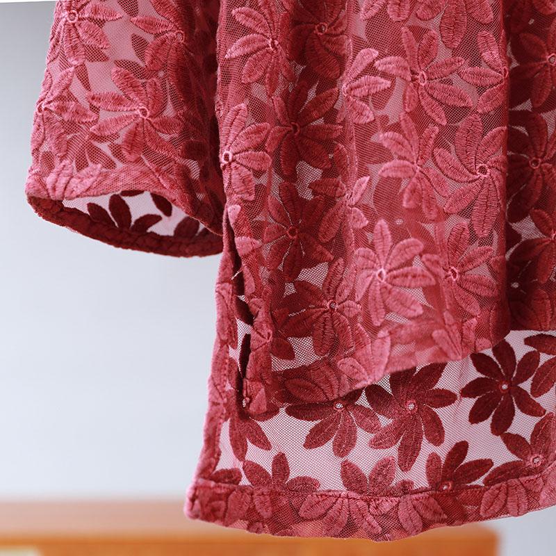 Baggy Round Neck Floral Long Sleeve Women Red Shirt