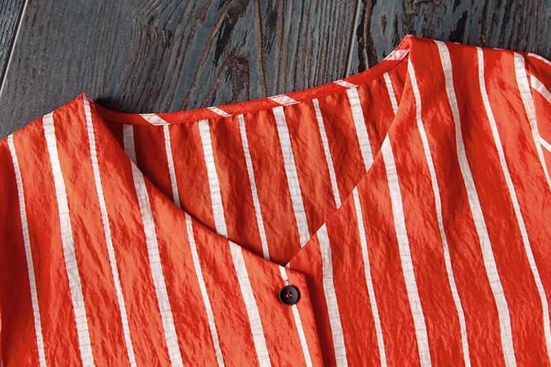 V Neck Single Breasted Summer Red Stripe Dress