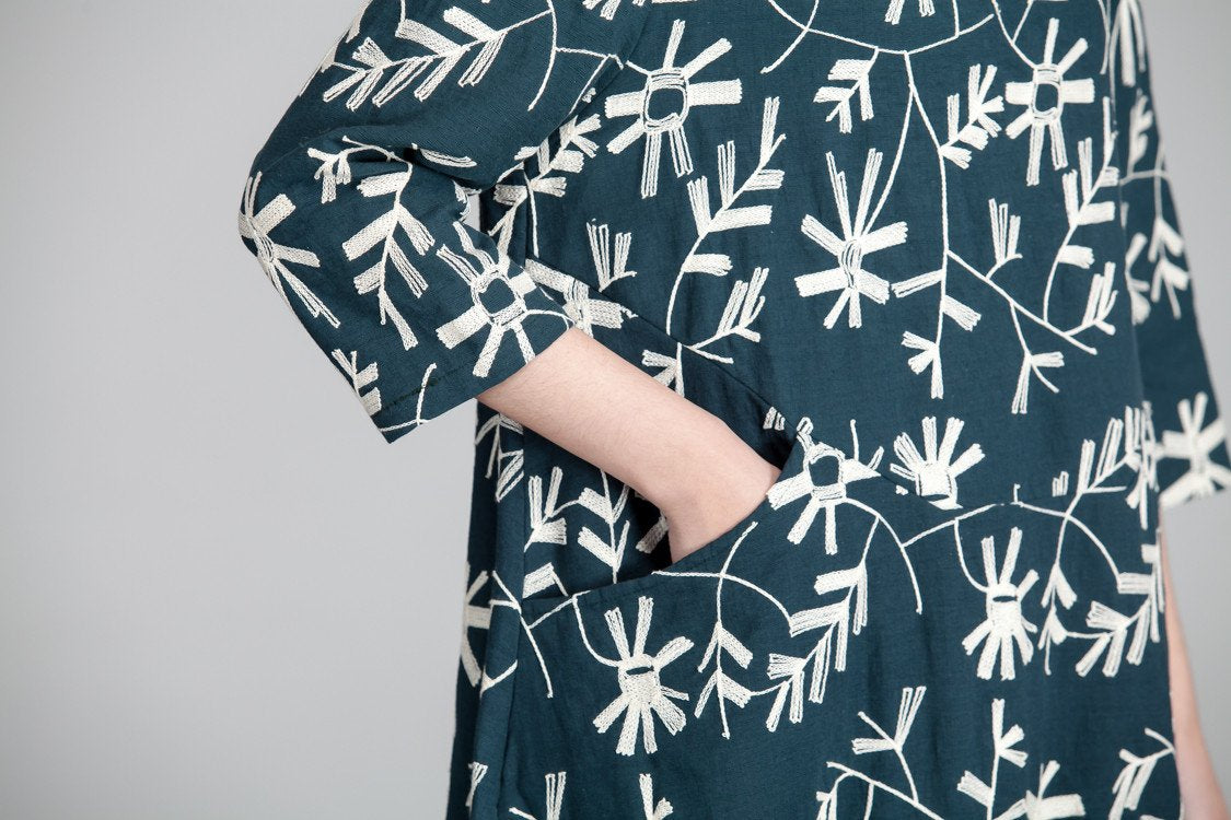 Spring Embroidered Round Neck Women Green Dress