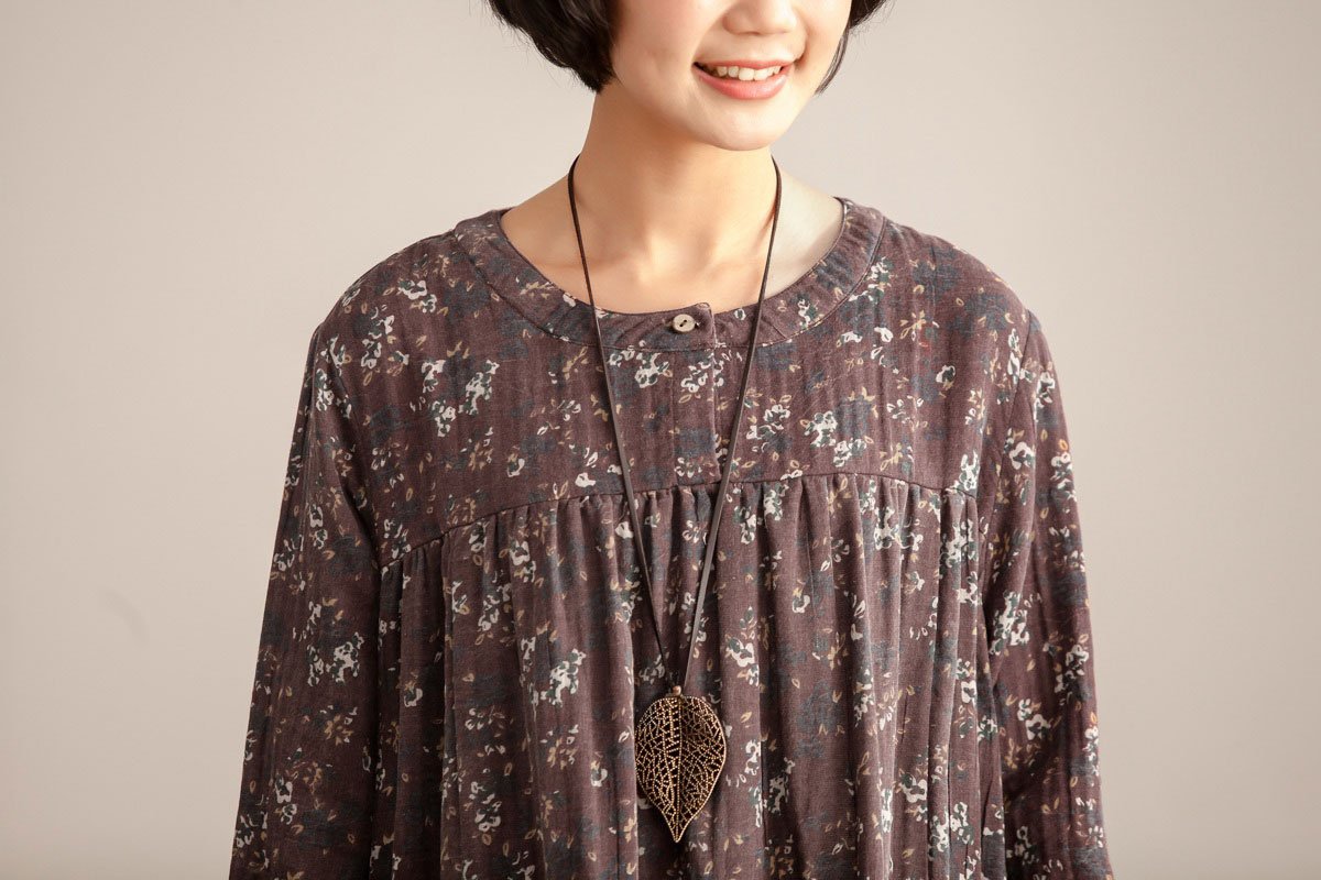 Women Retro Round Neck Long Sleeve Floral Printing Dress