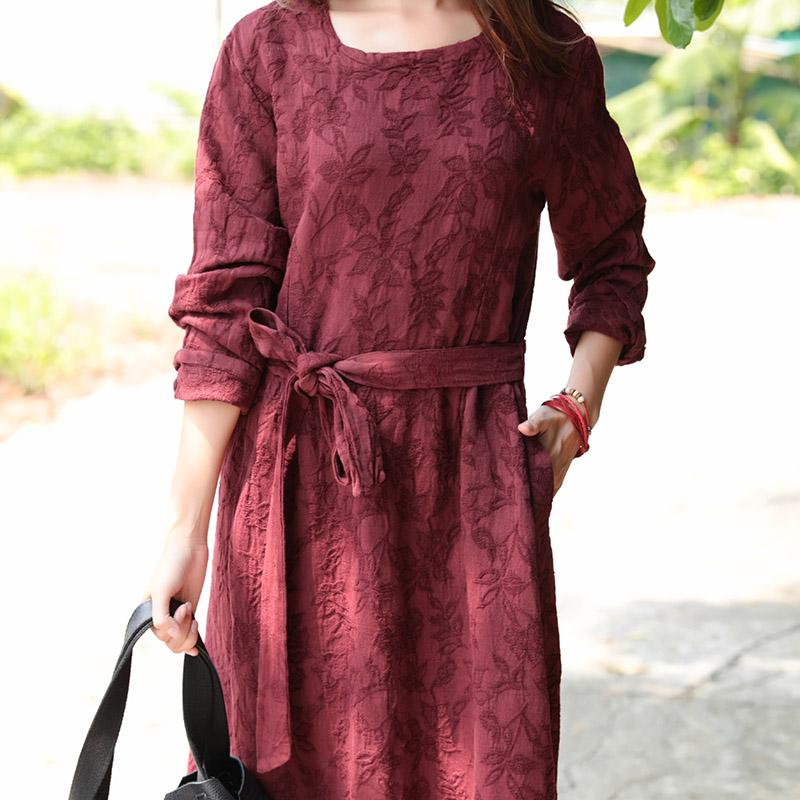 Women Wine Red Retro Long Sleeve Pockets Lacing Embroidery Dress