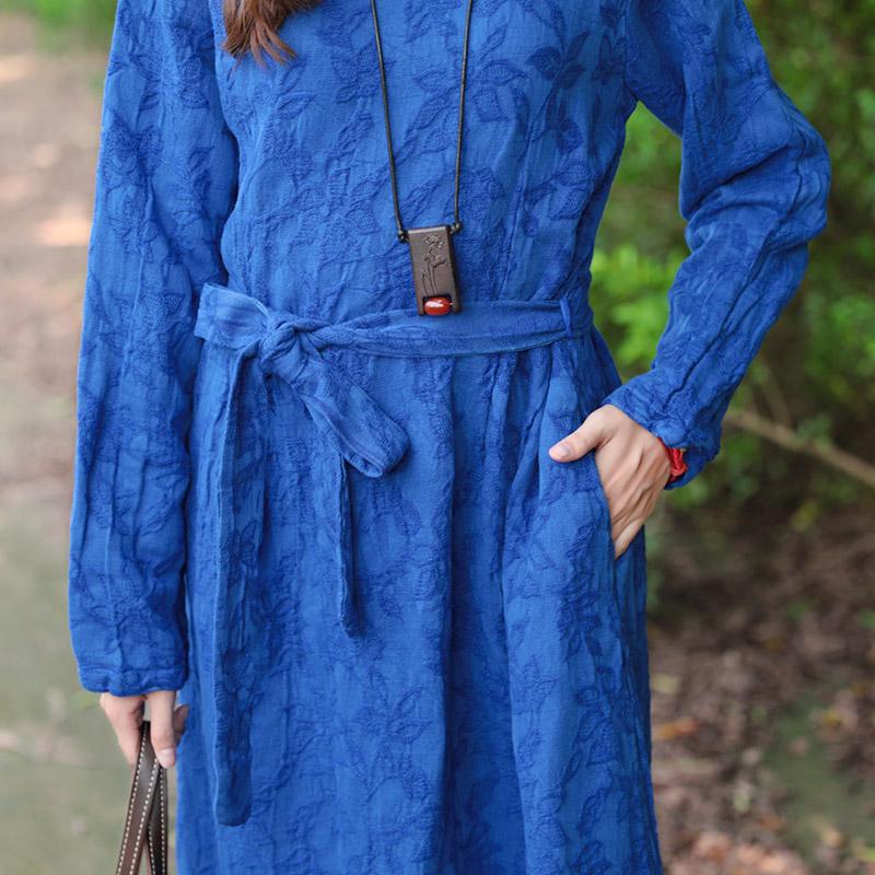 Women Blue Retro Long Sleeve Pockets Lacing Embroidery Dress
