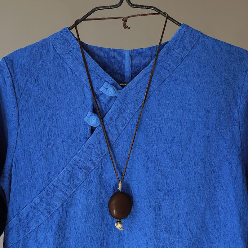 Women Retro Long Sleeve Side Slit Blue Dress