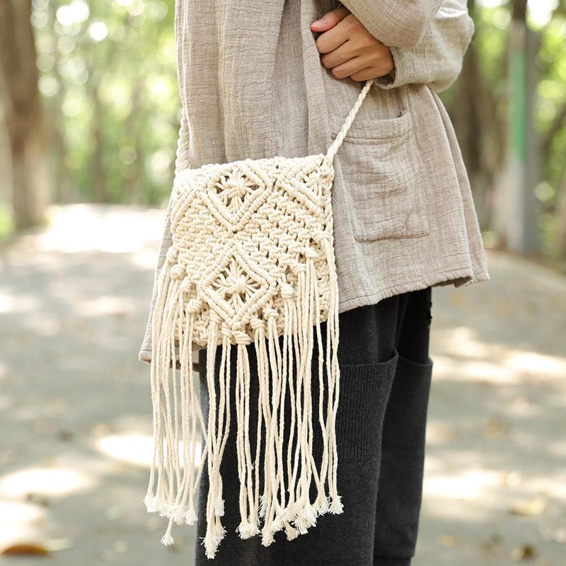 Exquisite Women Portable Knitted Tassel White Shoulder Bag