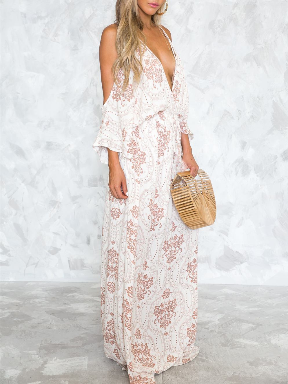 Deep V-neck Spaghetti-neck Floor Maxi Dress