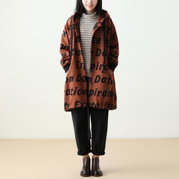 Letter Print Women Winter Hooded Coat