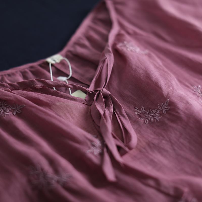 Linen Irregular Embroidery Drawstring Lantern Sleeve Blouse