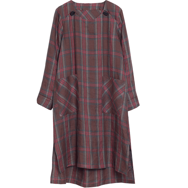 Linen Loose O-neck Plaid Midi Dress