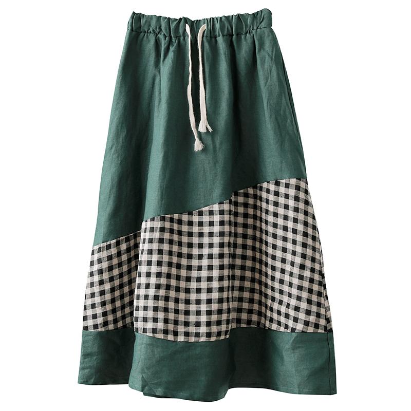 Linen Spliced Plaid Vintage Elastic Waist Skirt