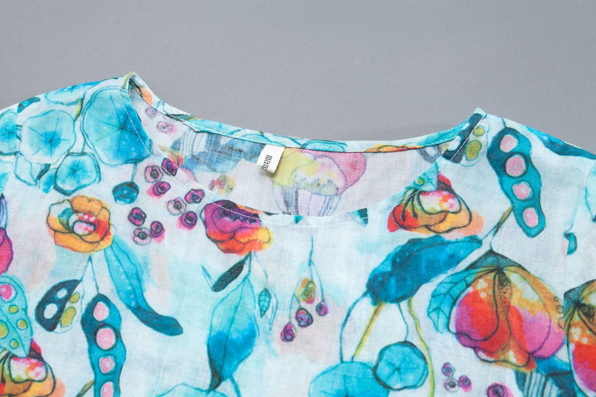 Linen Summer Printing Casual Blue Blouse