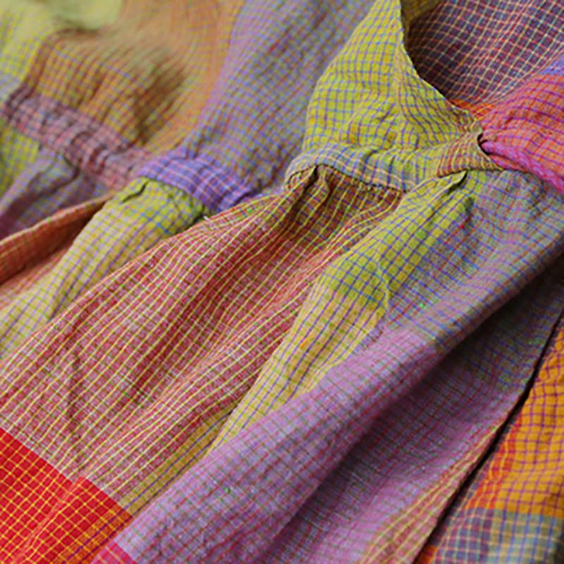 Linen V-Neck Plaid Short Sleeve Drawstring Dress