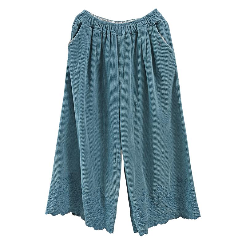 Literary Embroidery Corduroy Casual Wide Leg Pants