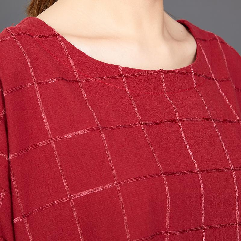 Loose Plaid Casual Short Sleeve Red Dress