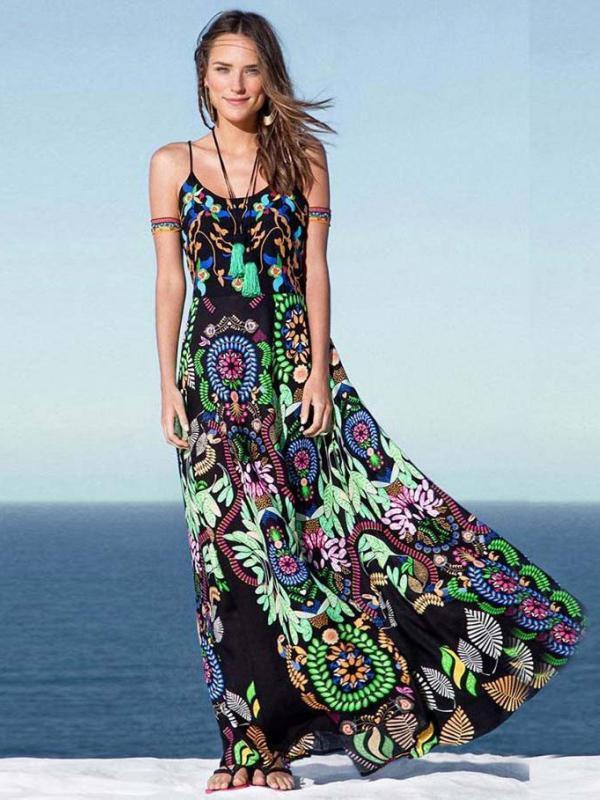 Printed Spaghetti-neck Maxi Dress