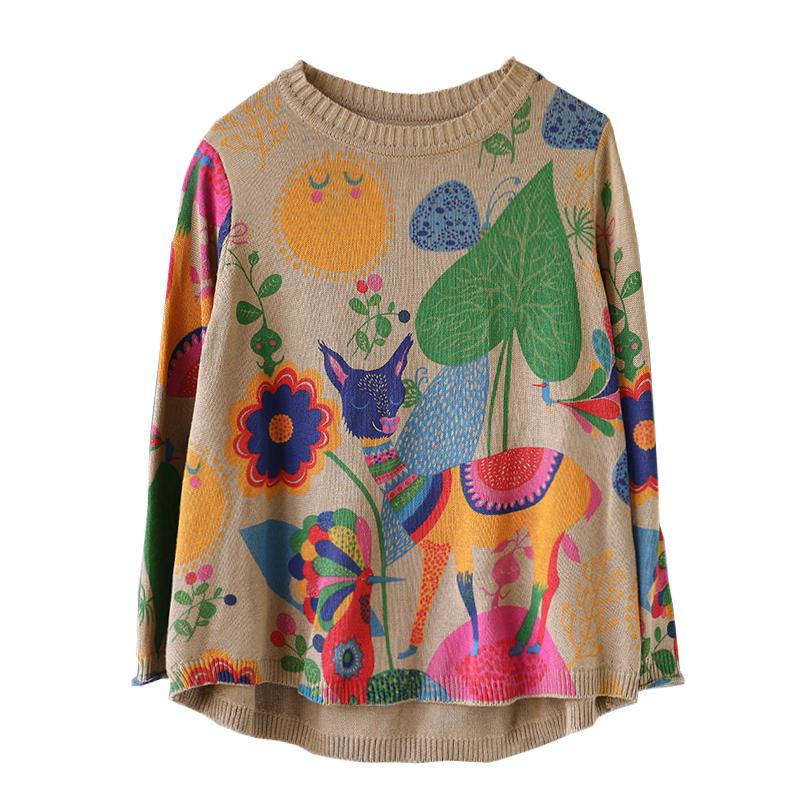 O-neck Cute Printed Retro Knit Shirt