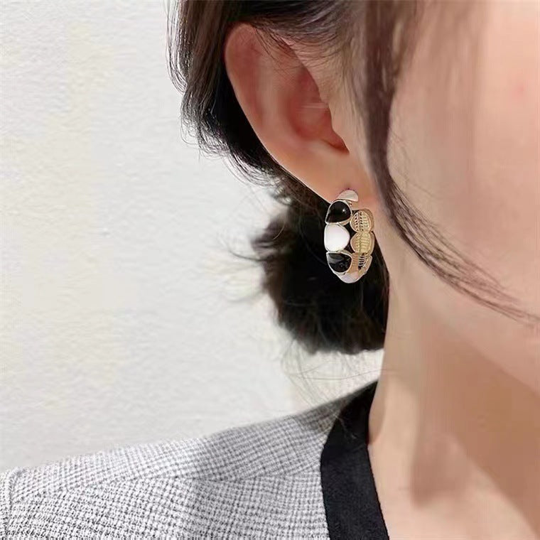 S925 silver needle black and white oil drop ring earrings