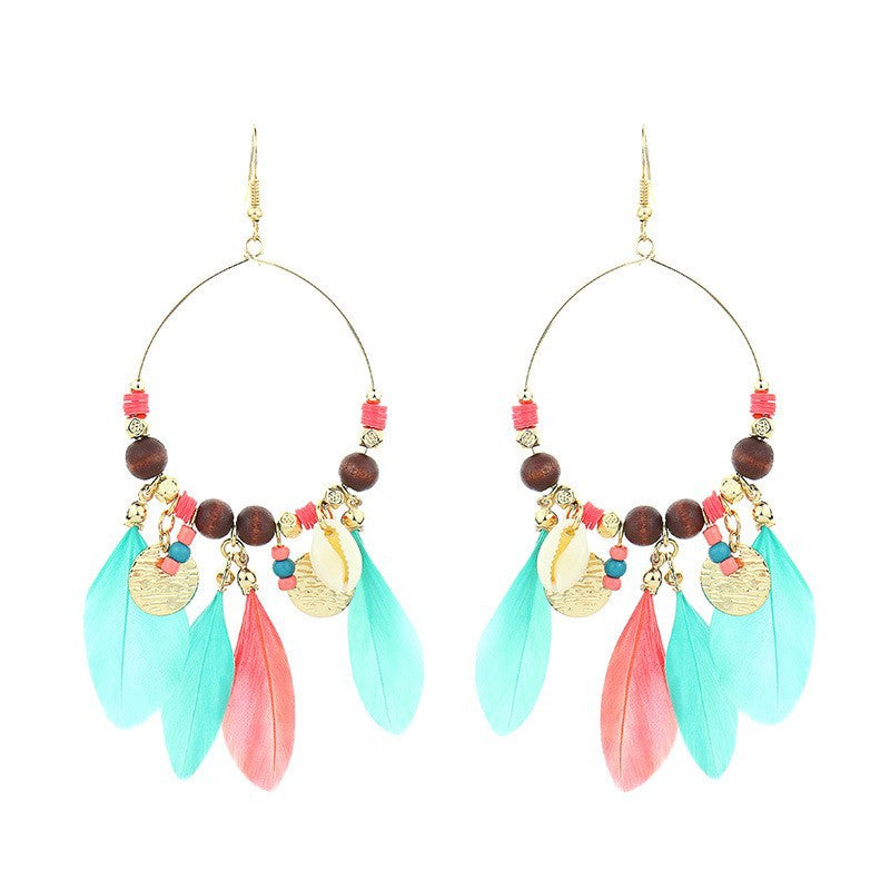 Tassel gold circle feather earrings