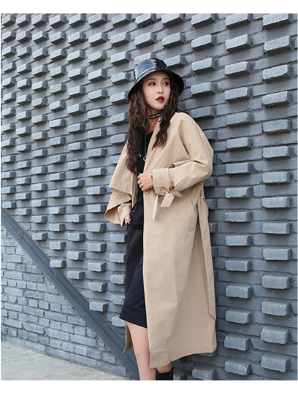Loose Solid Color Belted Long Outwear