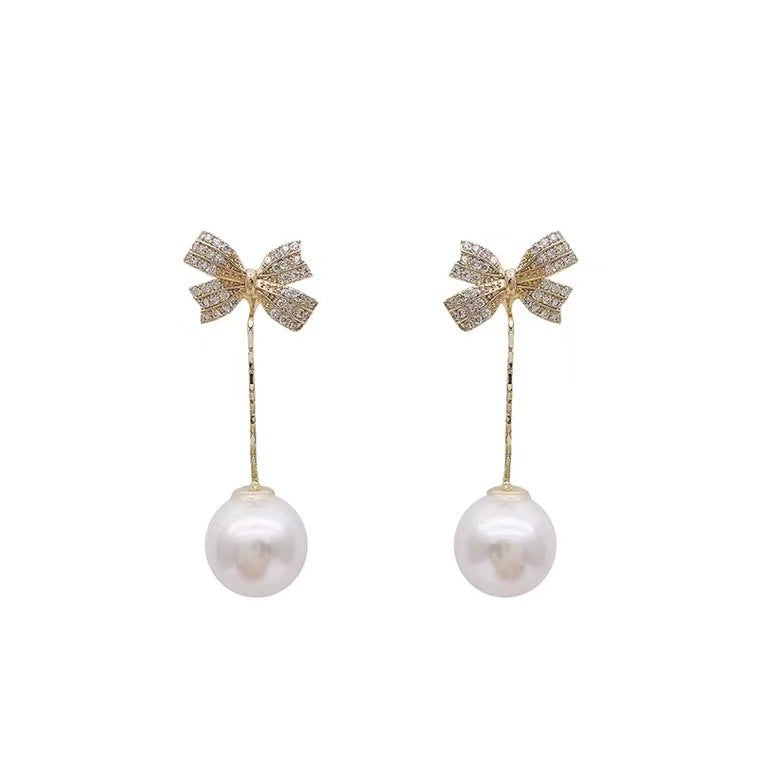 S925 silver needle bow tassel pearl earrings