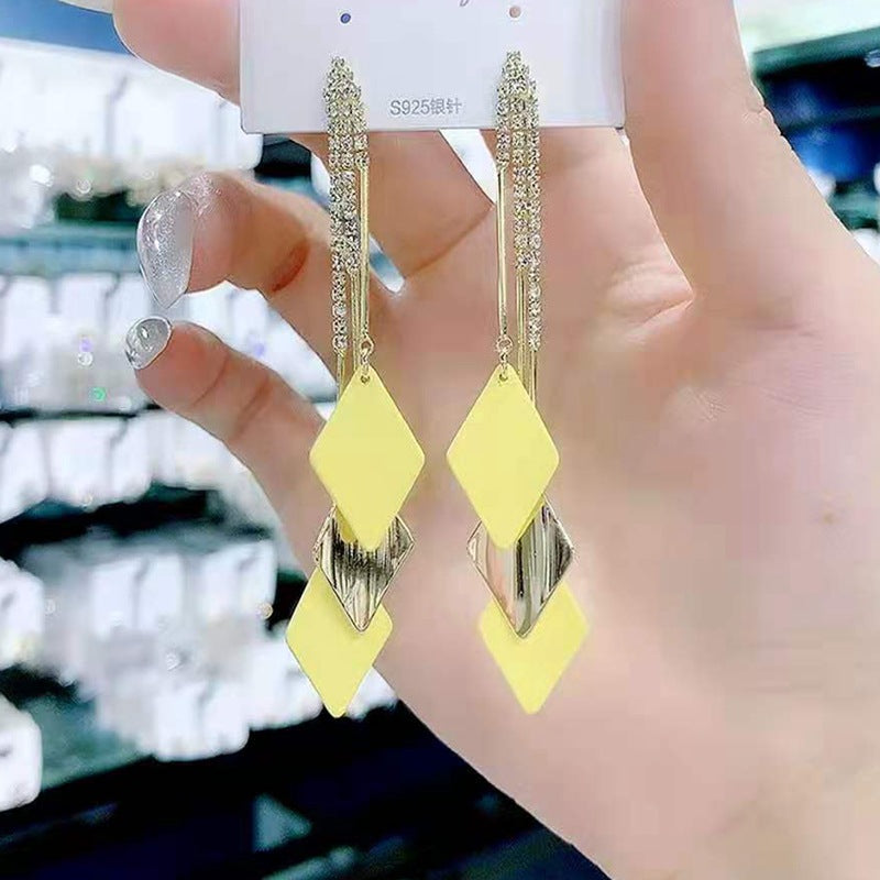 S925 silver needle blue-green long-width tassel earrings