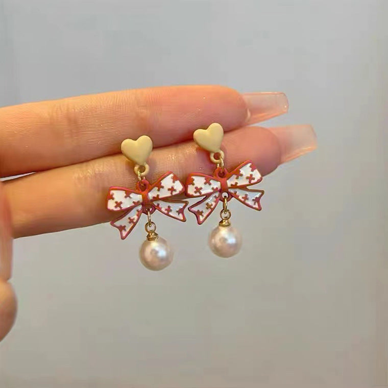 Coffee-colored bow temperament pearl earrings