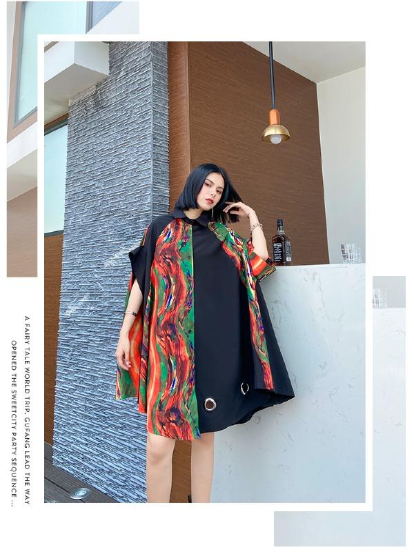 Plus Size Loose Print Cape Short Sleeve Shirt Dress
