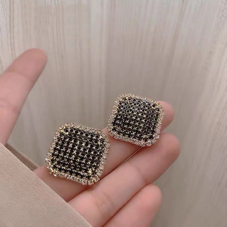S925 silver needle geometric square black diamond earrings