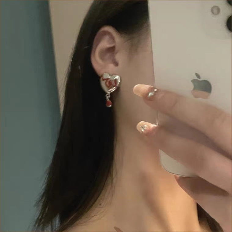 Tassel peach heart drop glaze earrings