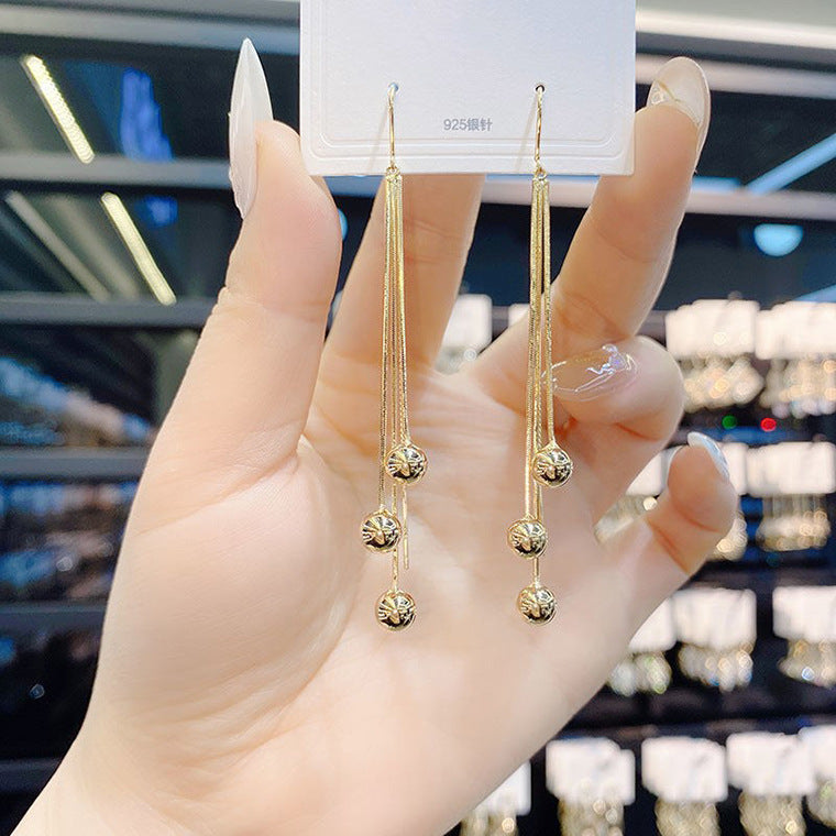 S925 silver needle tassel long small gold bead earrings