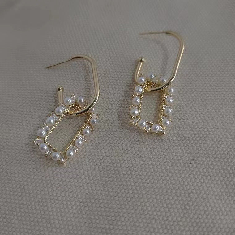 S925 silver needle micro-embedded pearl fashion geometric box earrings