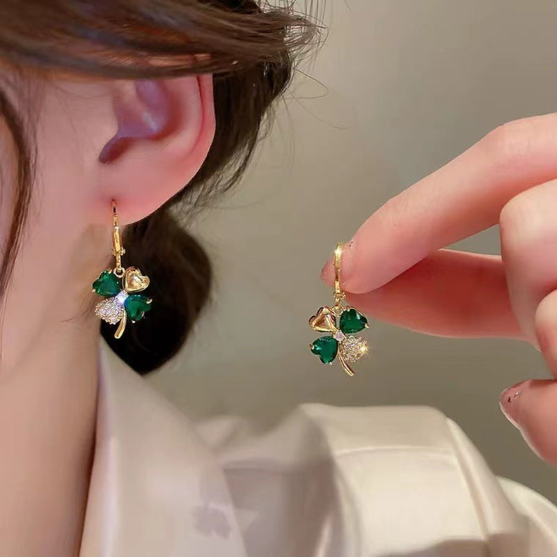 Lucky four-leaf green crystal earrings