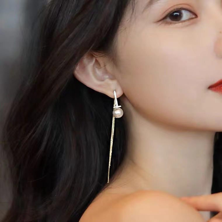 S925 silver needle long tassel earrings pearl earrings