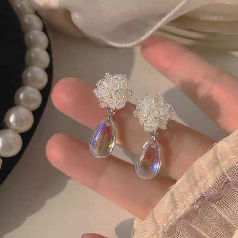 S925 silver needle flower transparent water drop earrings