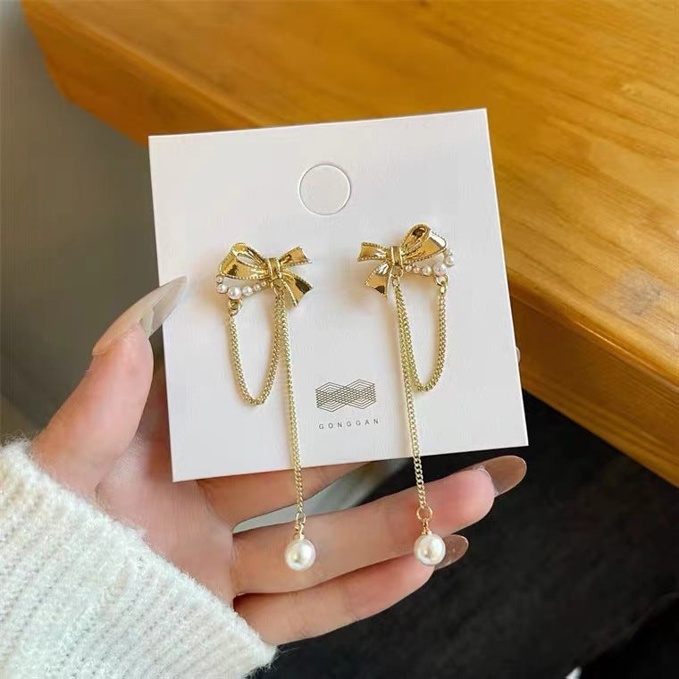 S925 silver needle bow simple long earrings