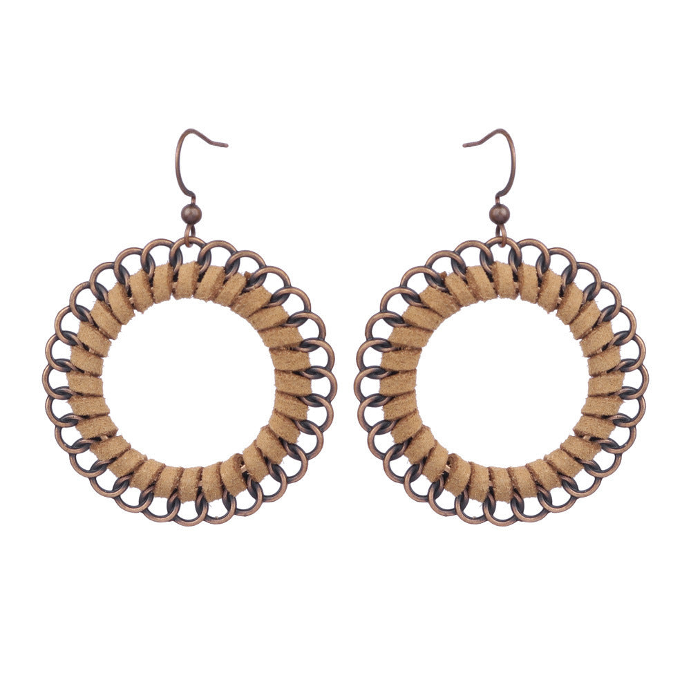 Leaf hoop metallic leather fringed earrings