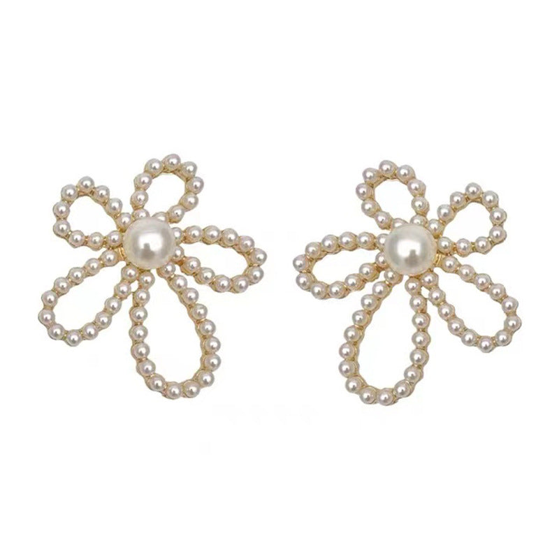 S925 silver needle pearl flower vintage openwork earrings